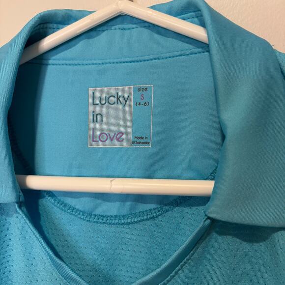 Lucky in Love Womens Small Tennis Tank Collared Teal Ruched Sides Active Pickle - Picture 2 of 6